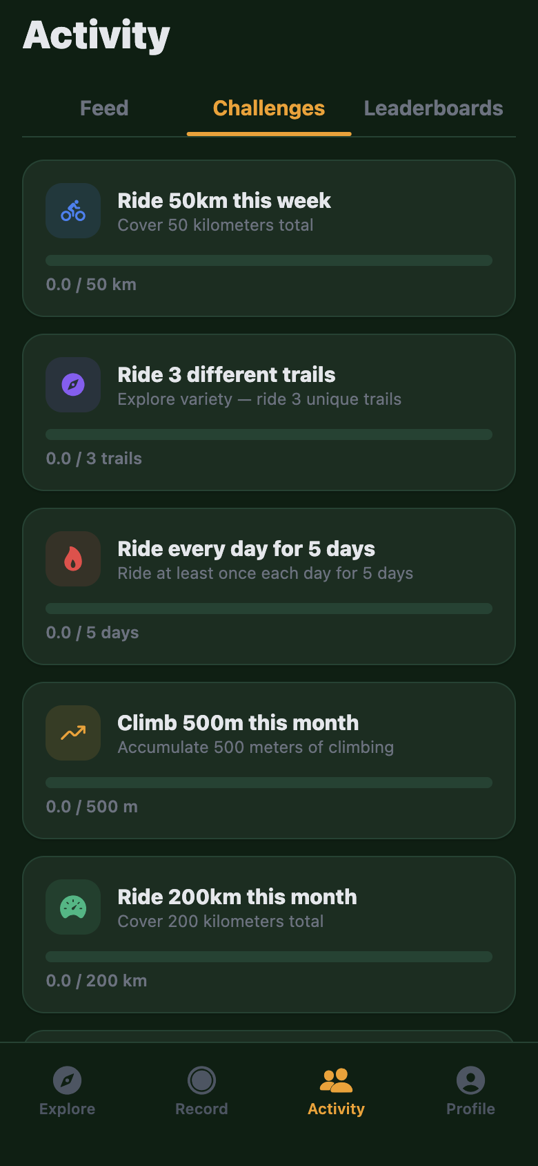 TrailNav social features with challenges and leaderboards